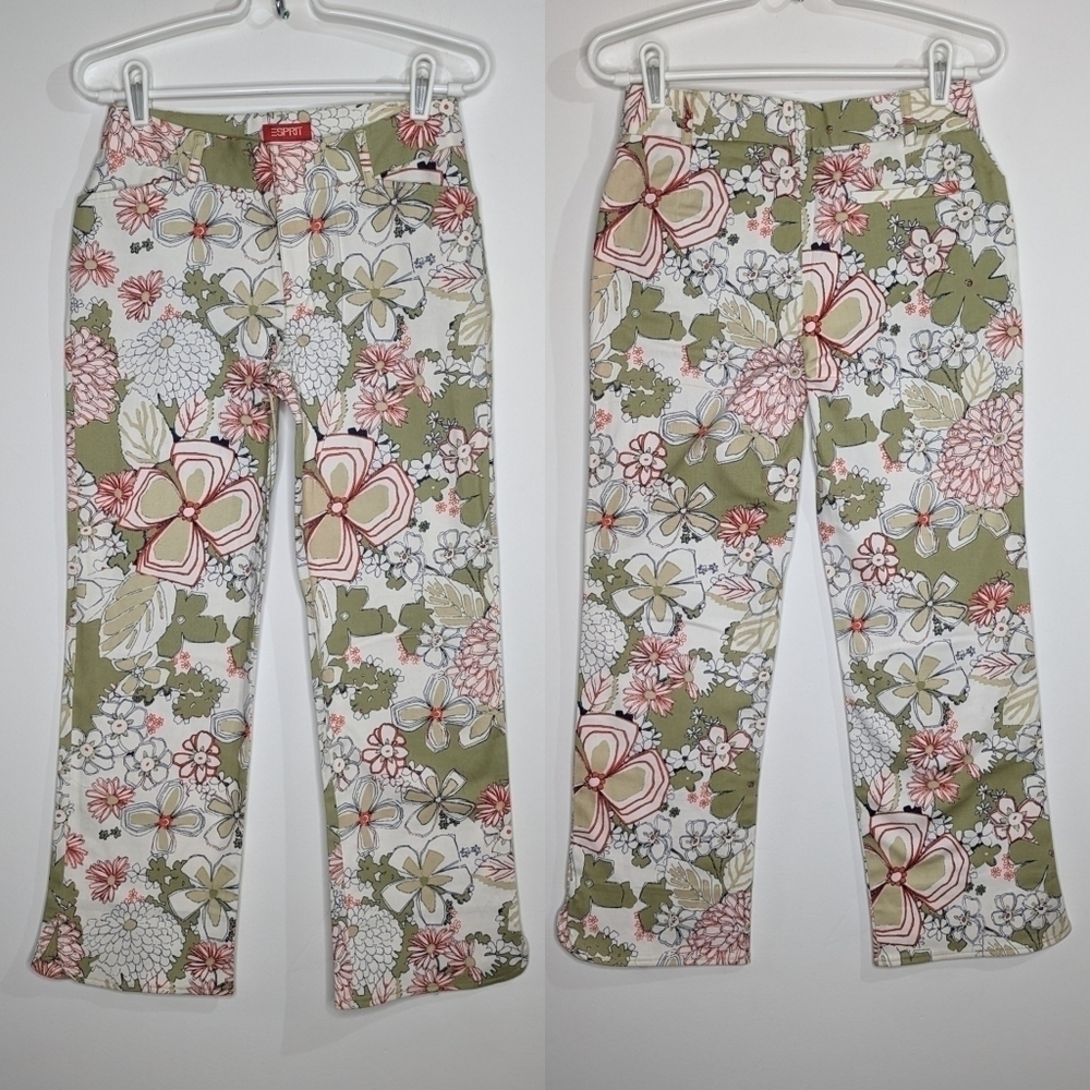 Esprit Floral Print Green and Pink Wide-Leg Pants